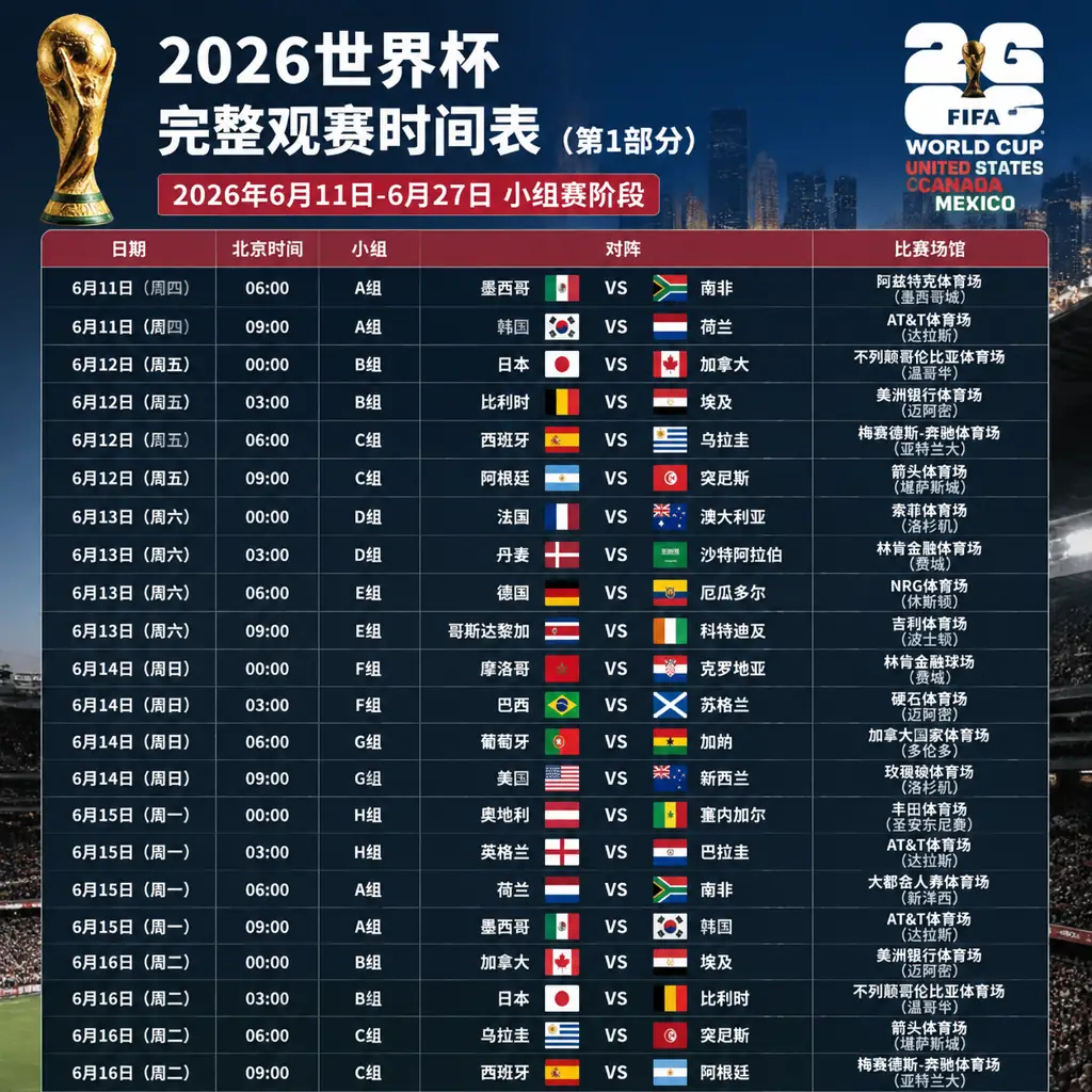 2026世界杯完整观赛时间表
